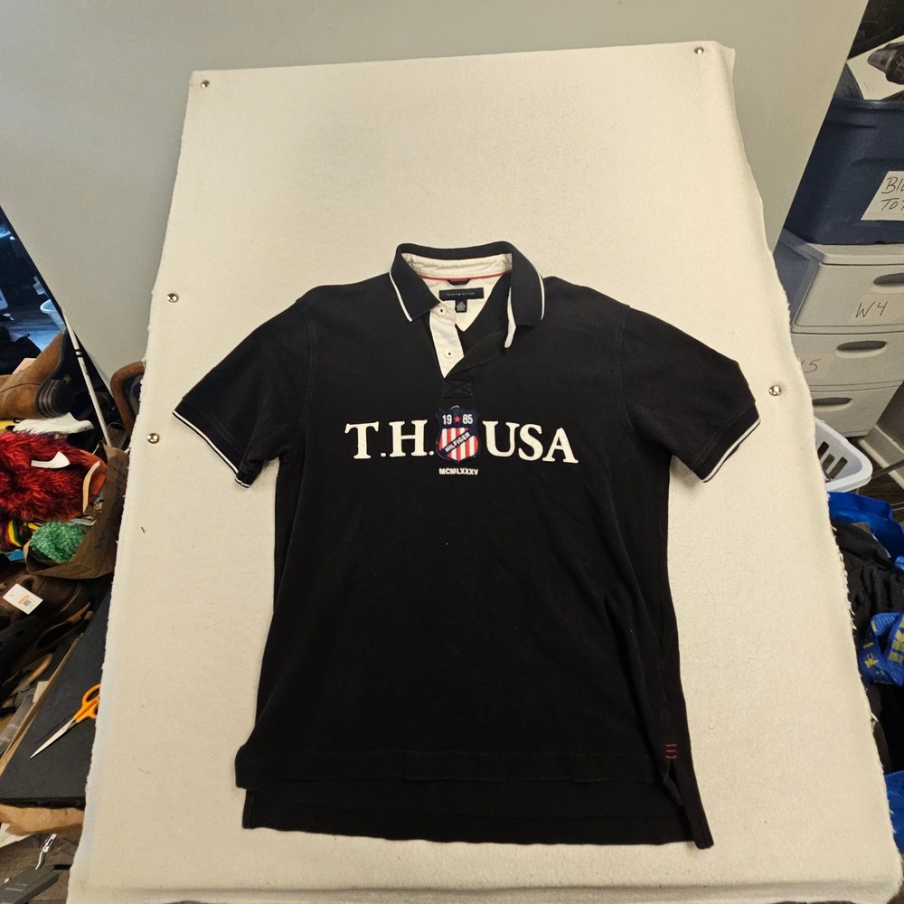 Tommy Hilfiger Mens Black USA Crest Graphic Polo Shirt Large Short Sleeve 1985